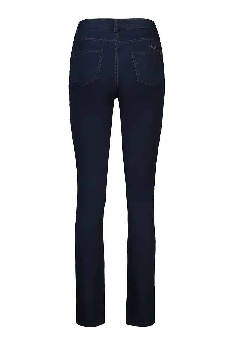 Vassalli Indigo Denim Slim Leg Full Length Jean with Heavy Top Stitch back flat lay view