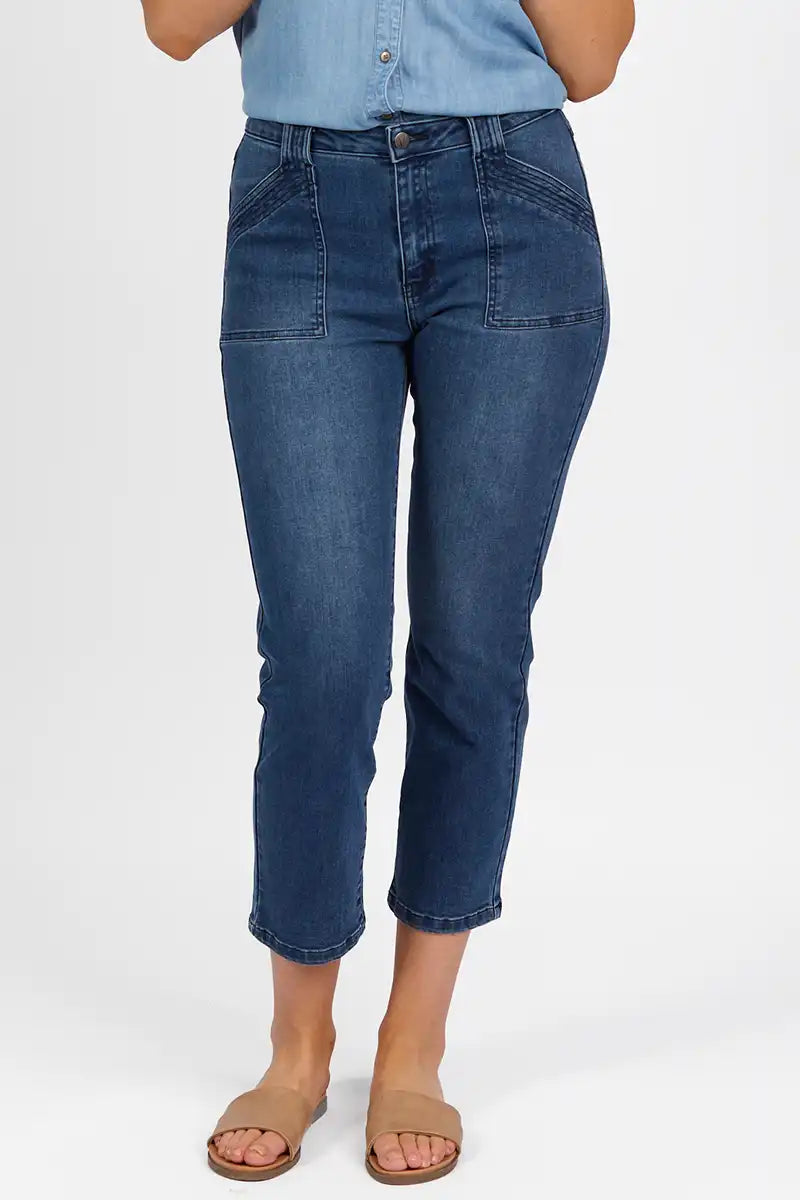 Vassalli Slim Leg Ankle Grazer Jean in Blue Denim front detailed view