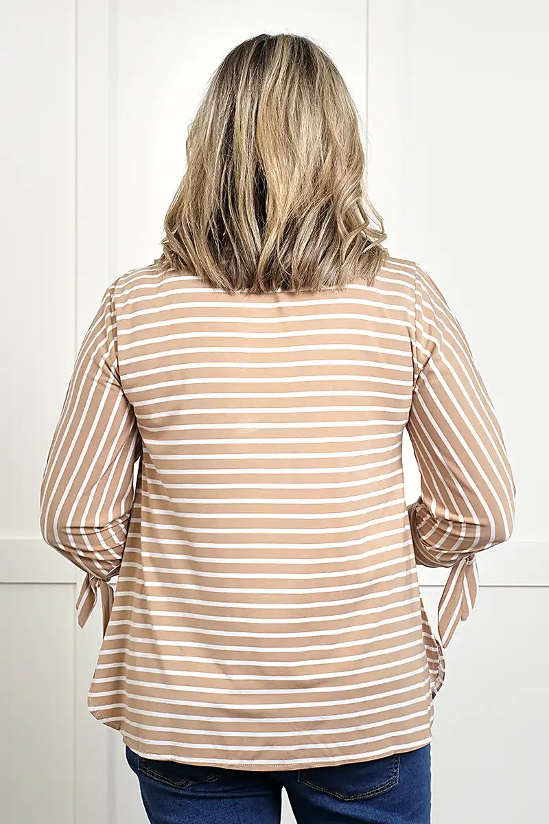 Women's Bamboo 3/4 Sleeve Top – Tobacco Stripe back straight on view