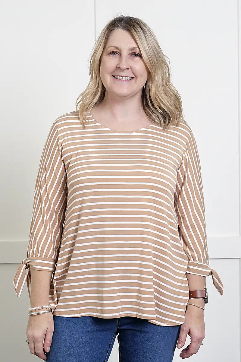 Women's Bamboo 3/4 Sleeve Top – Tobacco Stripe front view