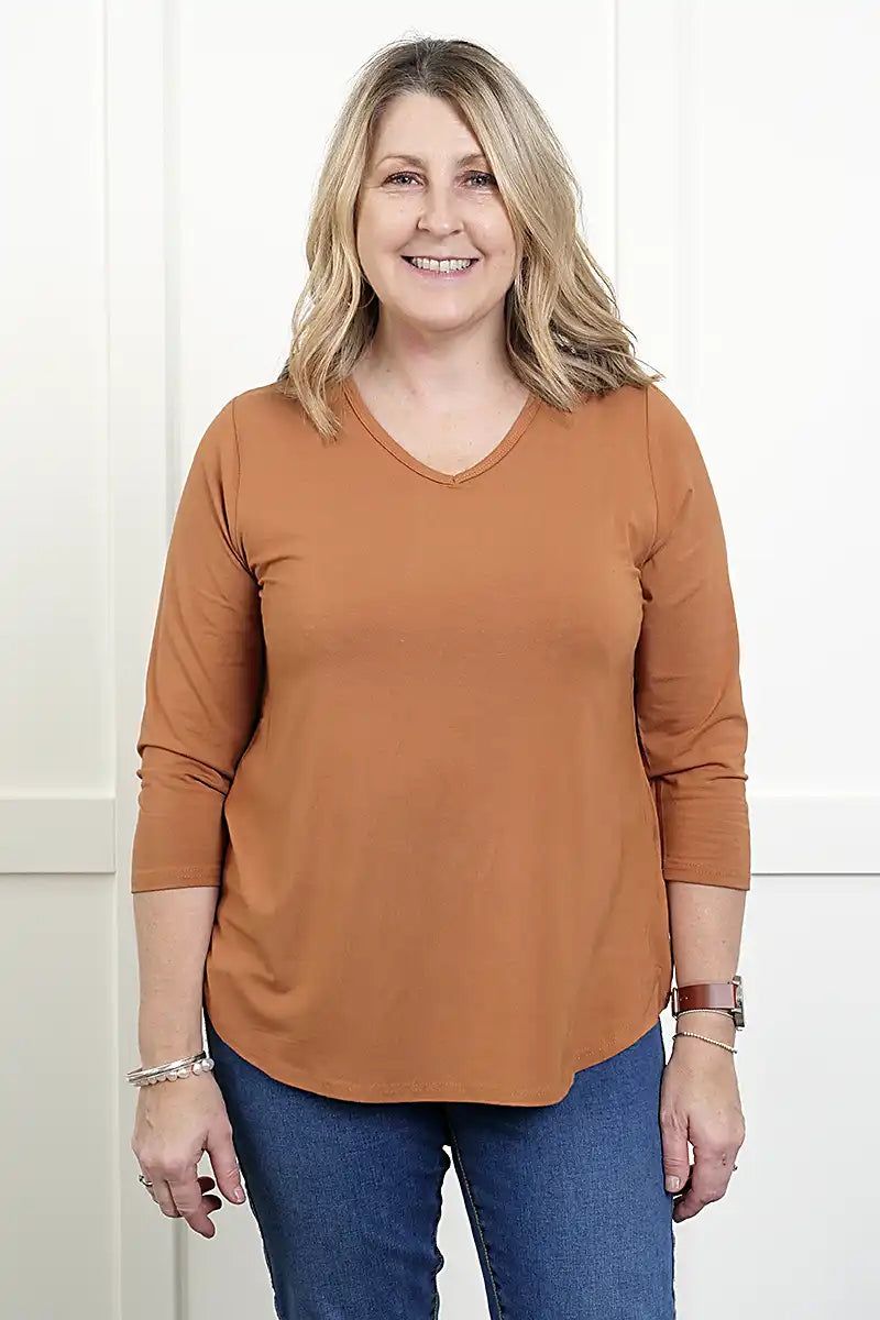 Women's Bamboo V-Neck 3/4 Sleeve Top – Tobacco front view