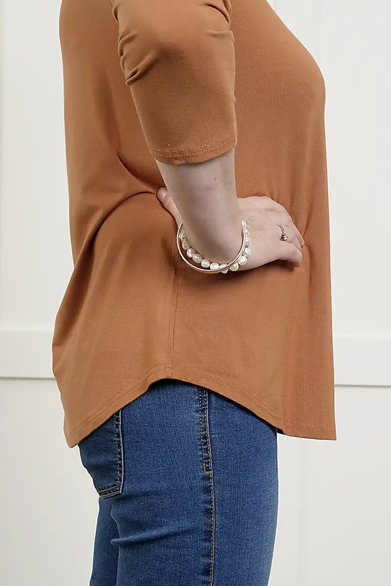 Women's Bamboo V-Neck 3/4 Sleeve Top – Tobacco hem detail view