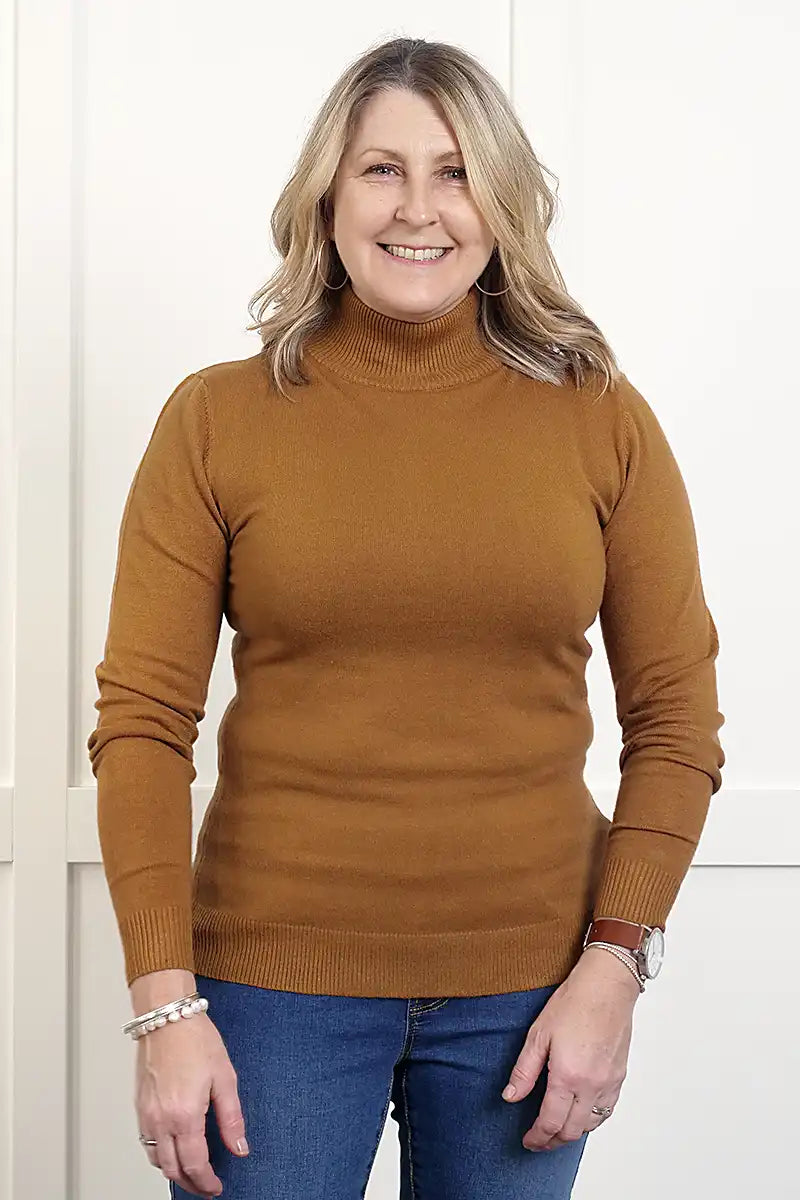 Women's High Neck Jumper in Cinnamon front view