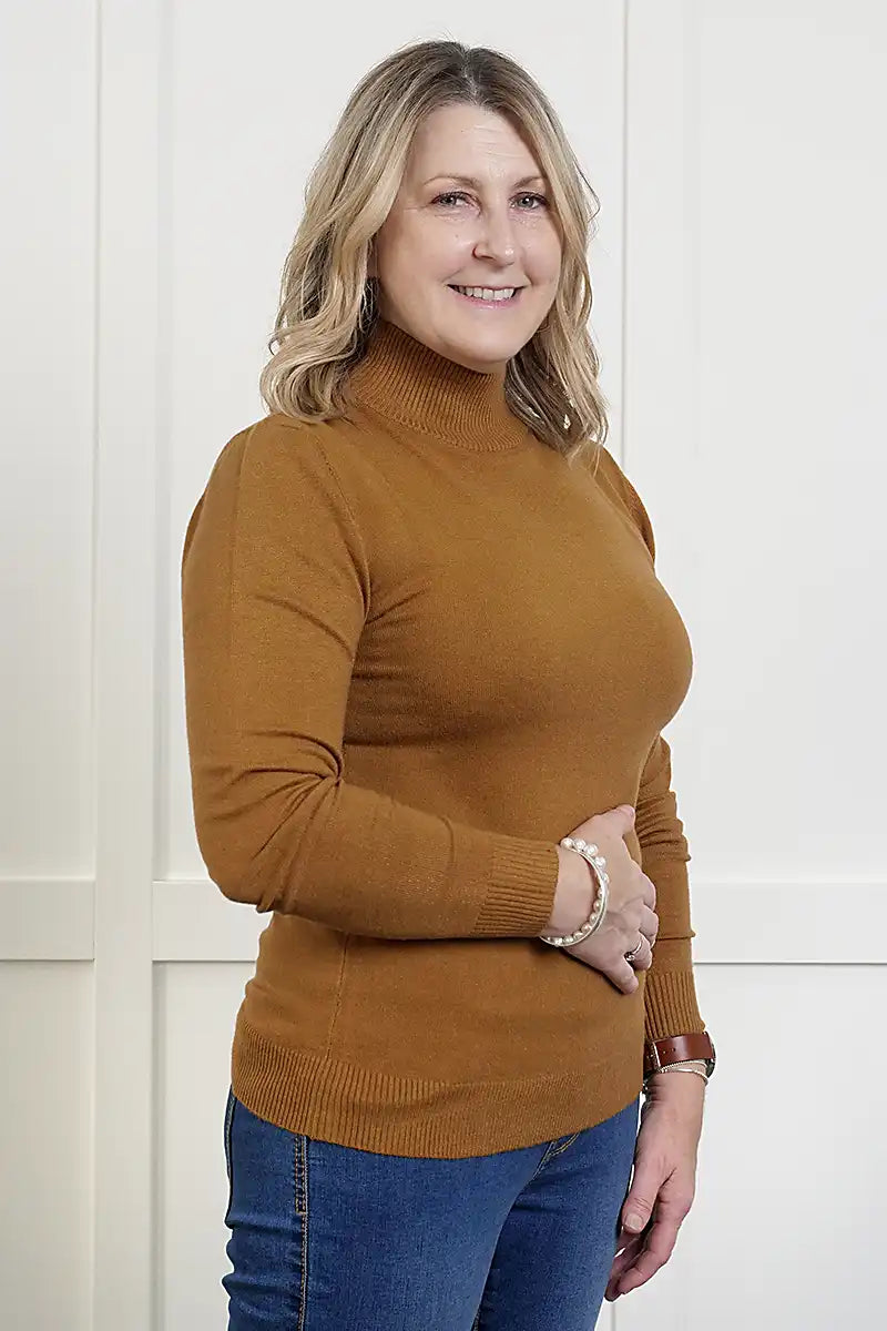 Women's High Neck Jumper in Cinnamon side view