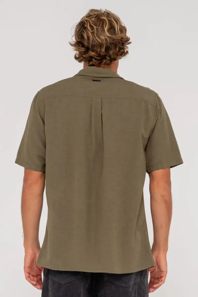 back view of the Rusty Mens S/S Shirt Greaser Overtone in Savanna Green
