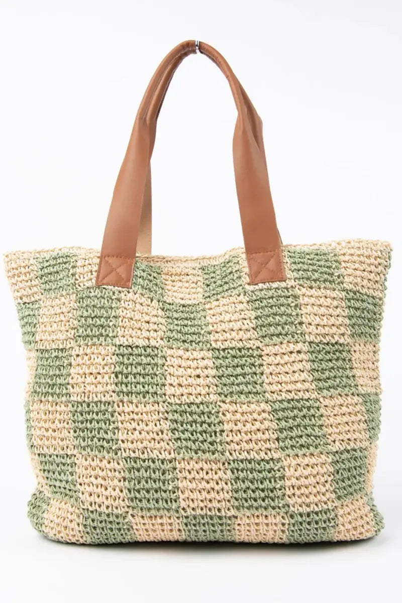 back view of the Rusty Checkmate Straw Beach Bag in Mint