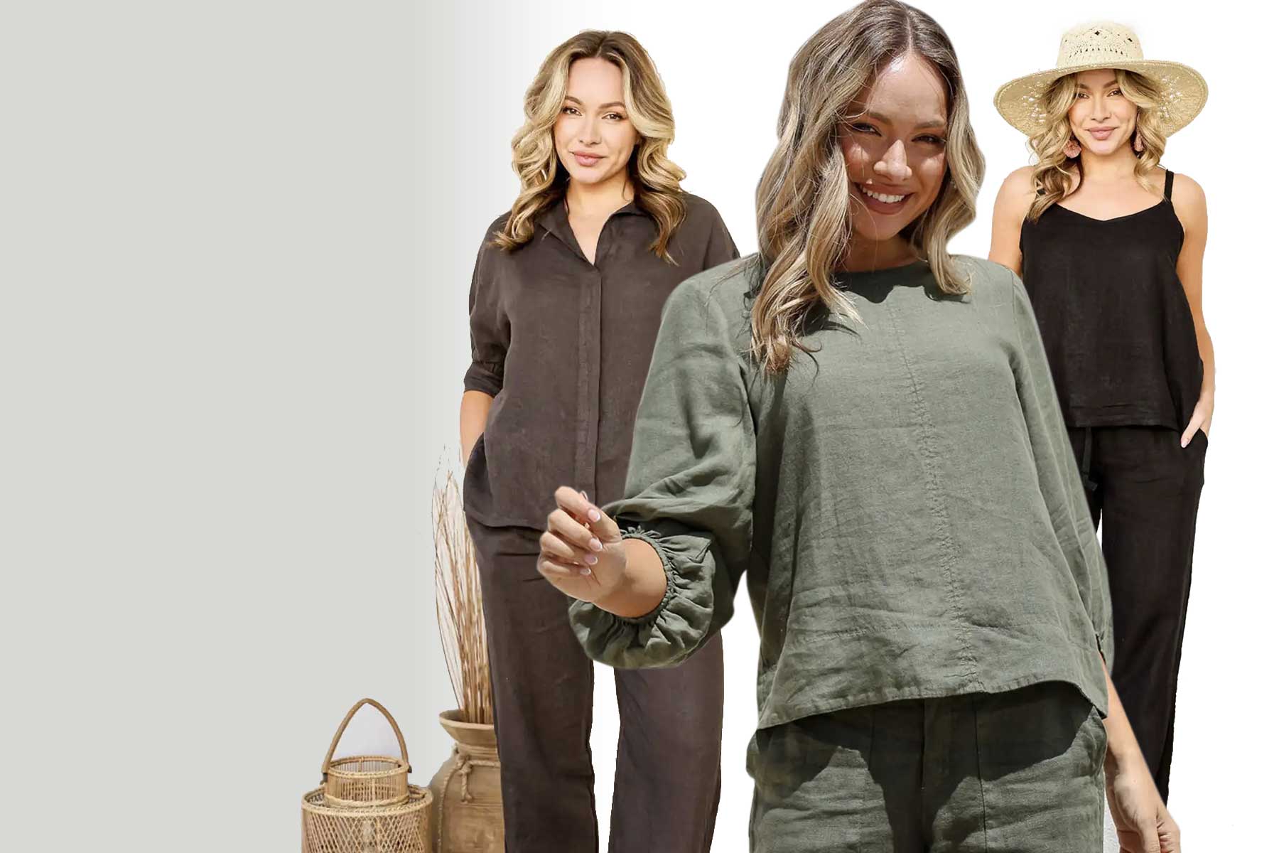 Three women wearing casual linen new arrival outfits with a neutral background