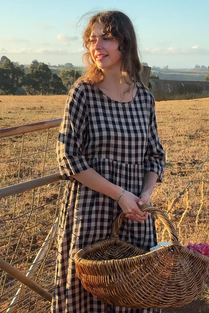 Black Gingham dress at the farm gate
