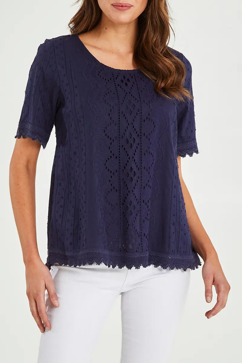 front close up view of the Orientique Essentials Top Broderie in Navy