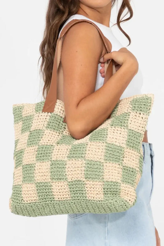 model wearing the Rusty Checkmate Straw Beach Bag in Mint
