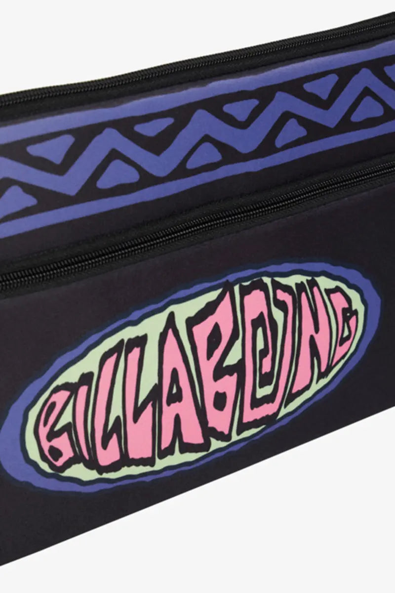 Billabong Jumbo Pencil Case in Black detailed view of the front zip pocket and logo on the pencil case