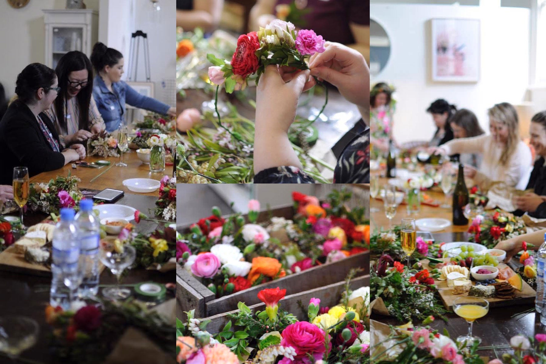 Collage of people arranging flowers at a table with drinks and snacks.