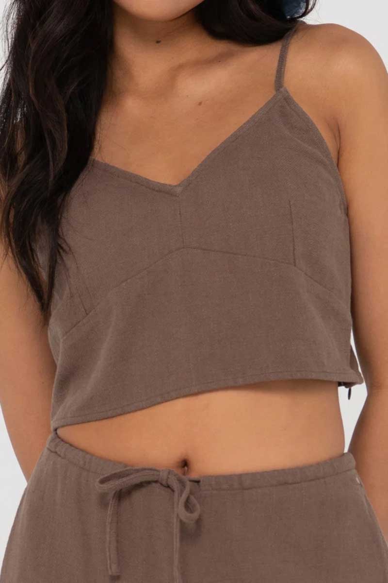 close up front view of Rusty Women's V Neck Carolina Slip Top in Cappuccino