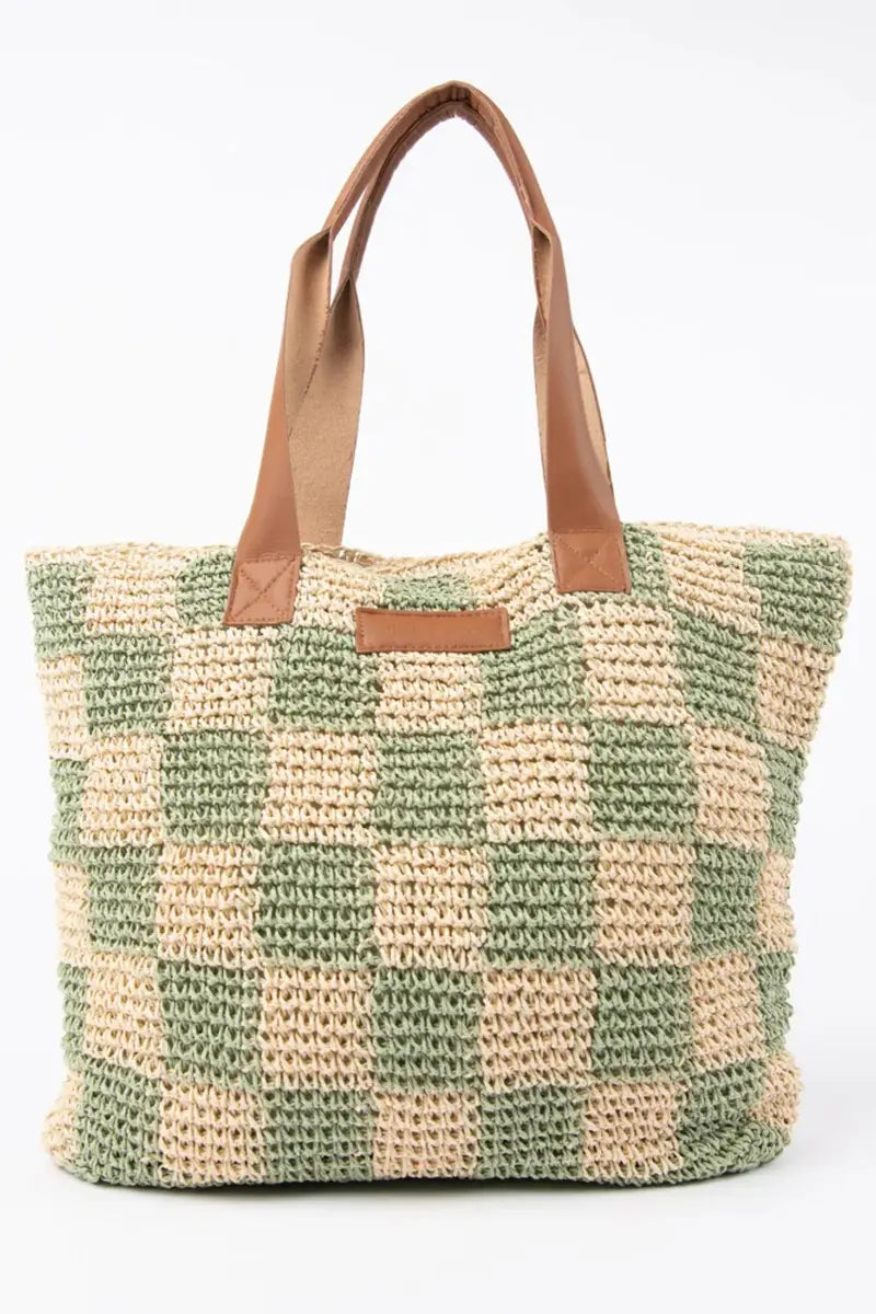 front view of the Rusty Checkmate Straw Beach Bag in Mint