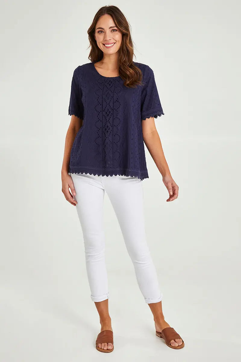 full model view of the Orientique Essentials Top Broderie in Navy