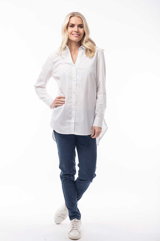 Orientique Poplin Shirt New Ruched Back in white full model view