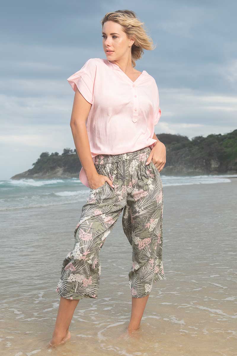 model wearing the Orientique Women's Pant Protaras 2 at the beach