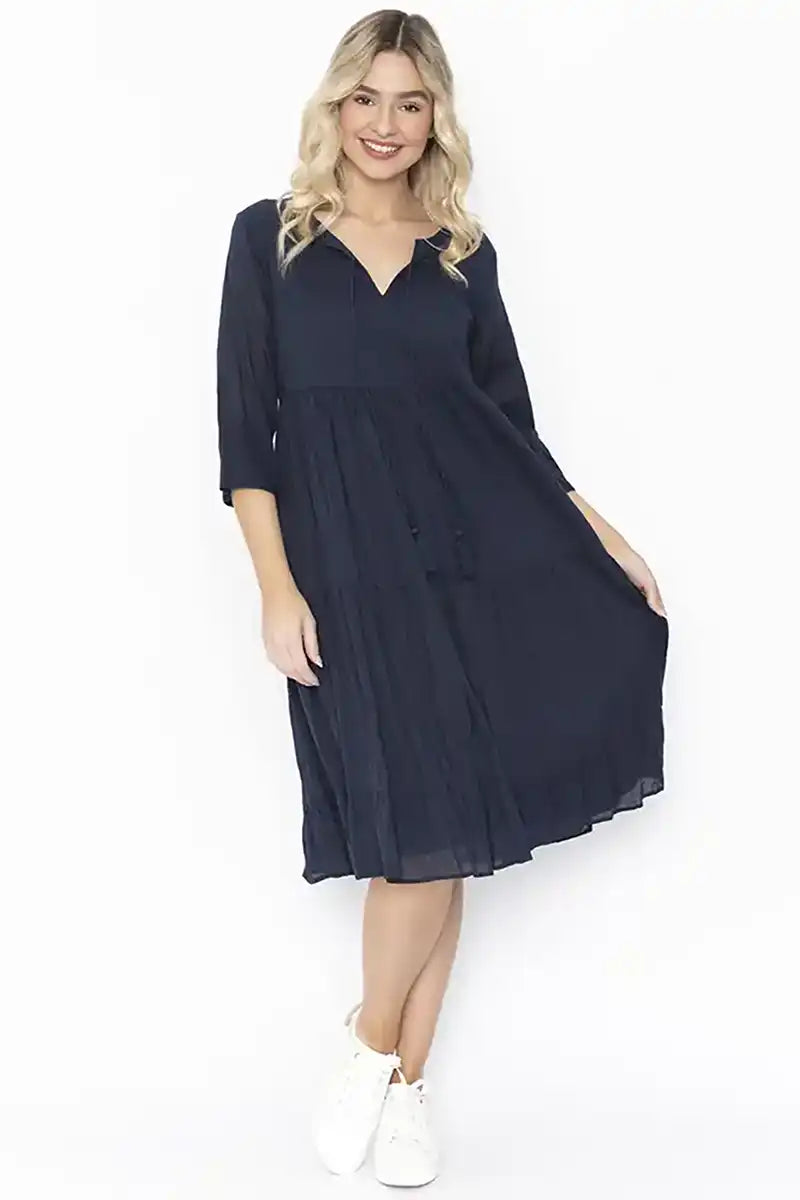 Amber Navy Crinkle Cotton Dress