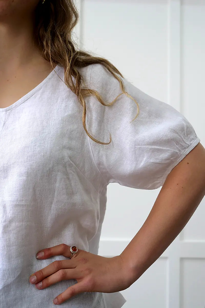 sleeve and neck detail on the See Saw Linen V-Neck Swing Top in White