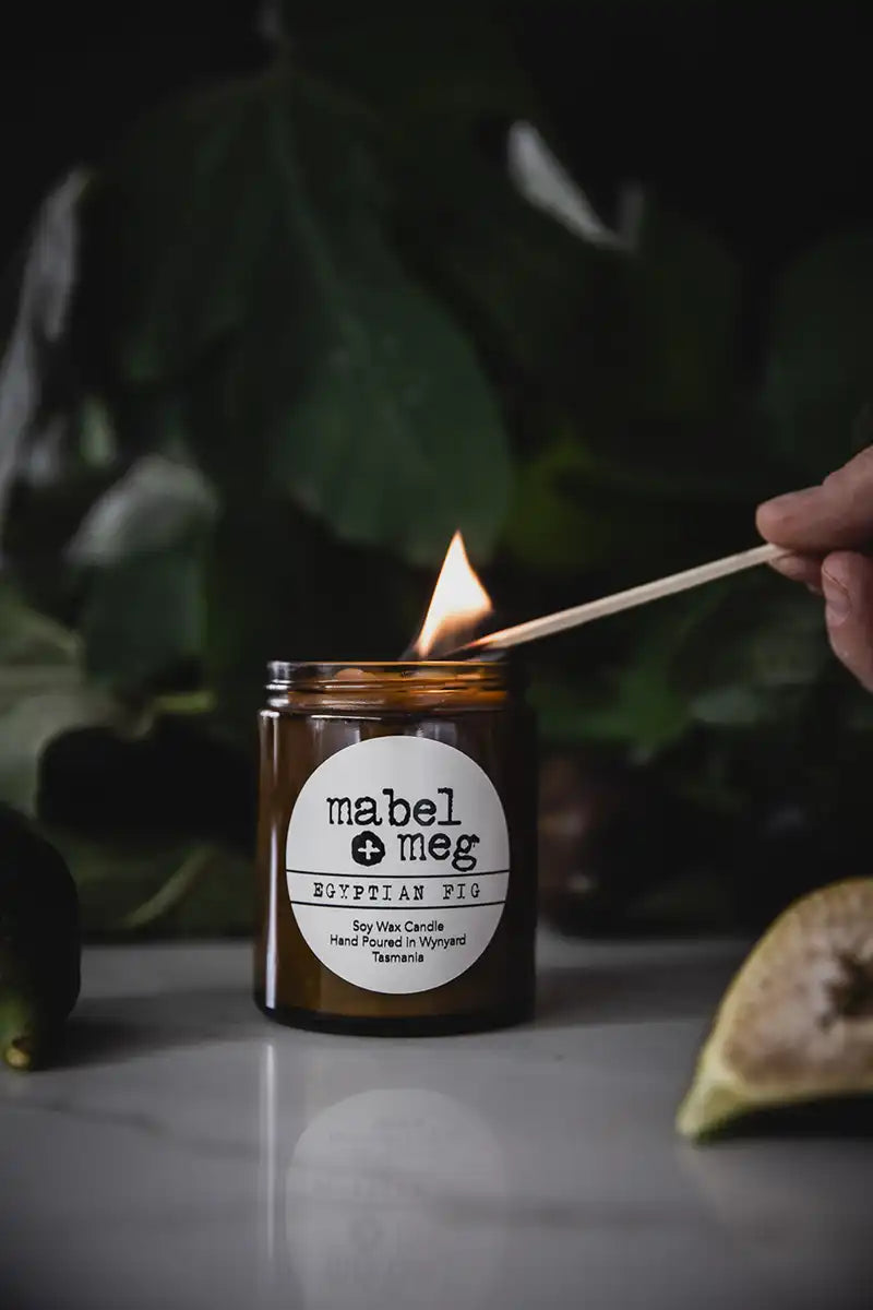Mabel + Meg Classic Soy Candle -Egyptian Fig being lit