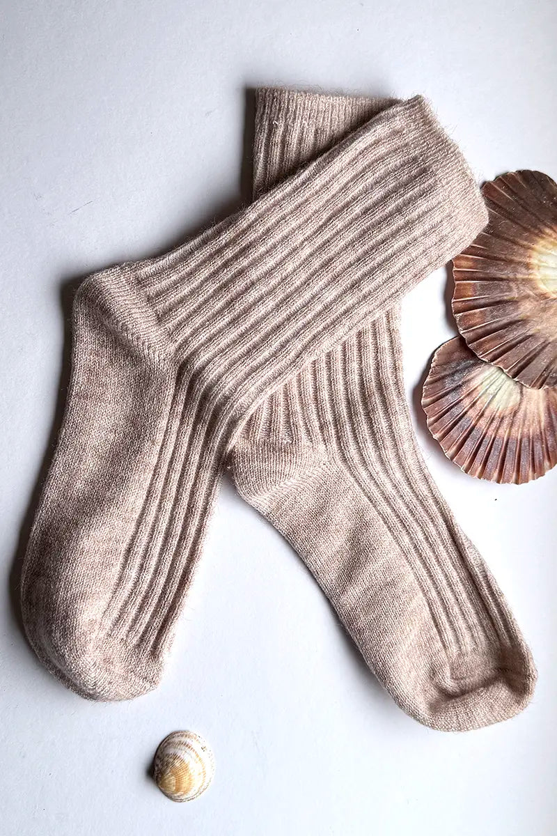 Wool Blend Crew Socks in Mushroom by Mabel + Meg with shells wide