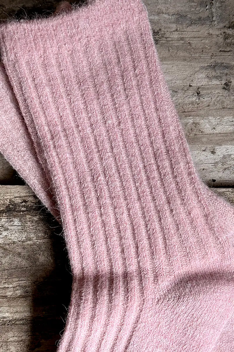 Wool Blend Crew Socks in Pink by Mabel + Meg detailed view of the rib pattern