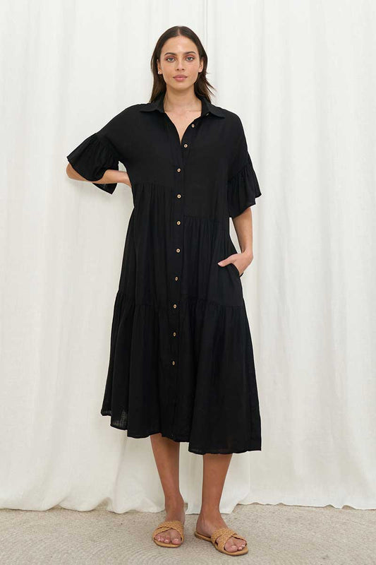 Iris Maxi oversize shirt dress front black