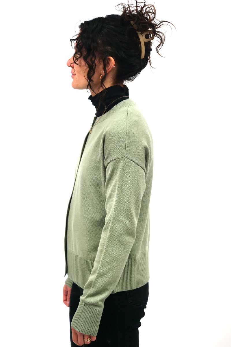 side view of the Toorallie Fine Knit Cardigan in sage