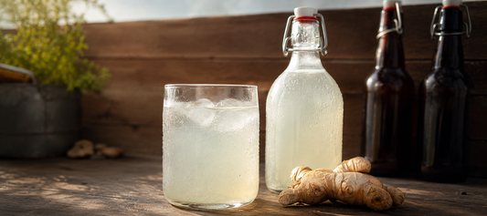 Ginger beer in a glass and bottles of it on a wooden bench with plant in the background