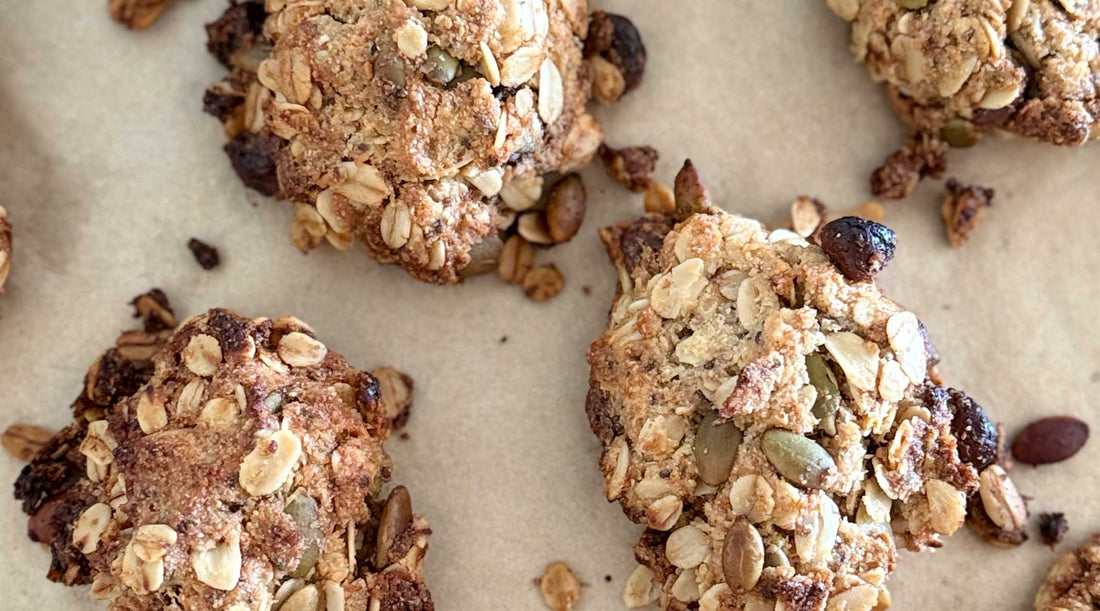 Chia Seed and Oat biscuits on a baking tray freshly cooked