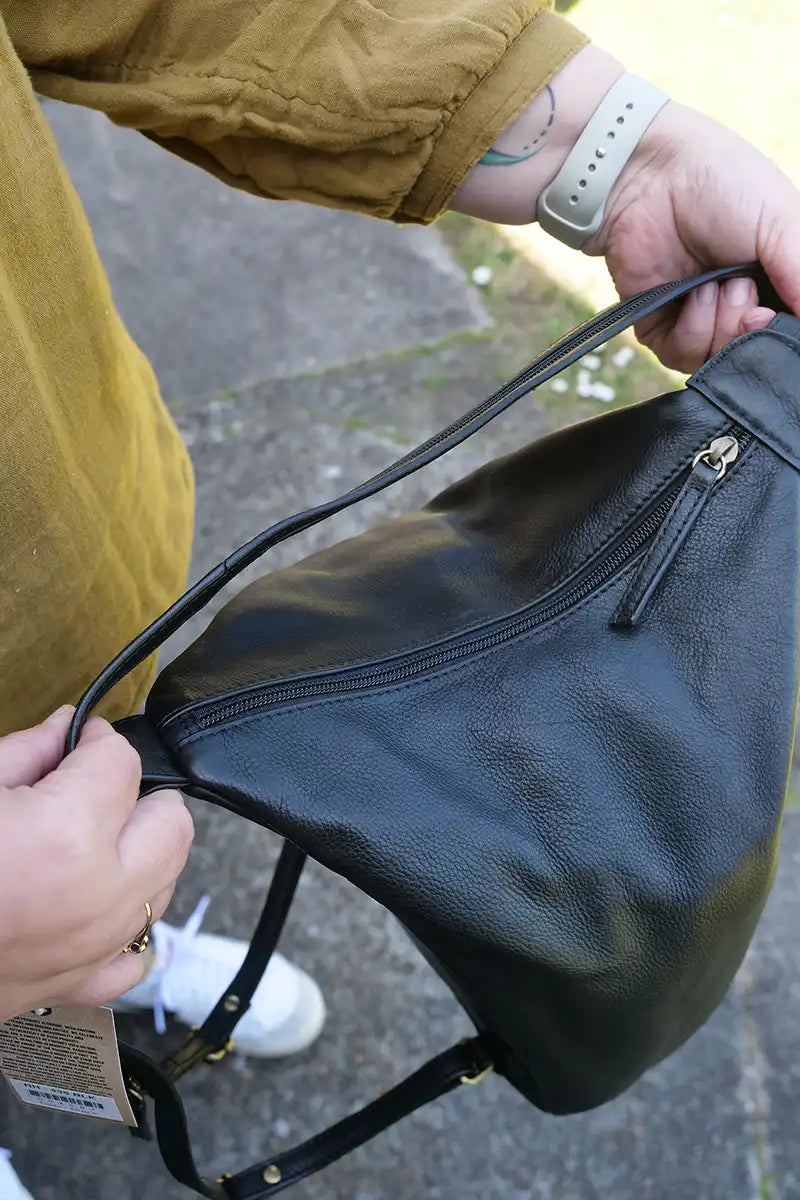 inside zip of Rugged Hide Leather Bag - Deb Backpack in Black
