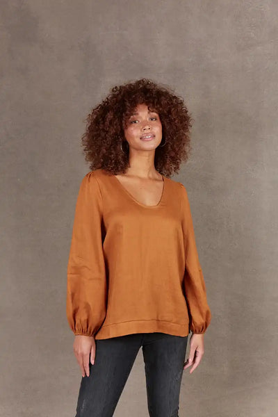 Eb & Ive Women's Linen Top Nama in Ochre - front close view model 