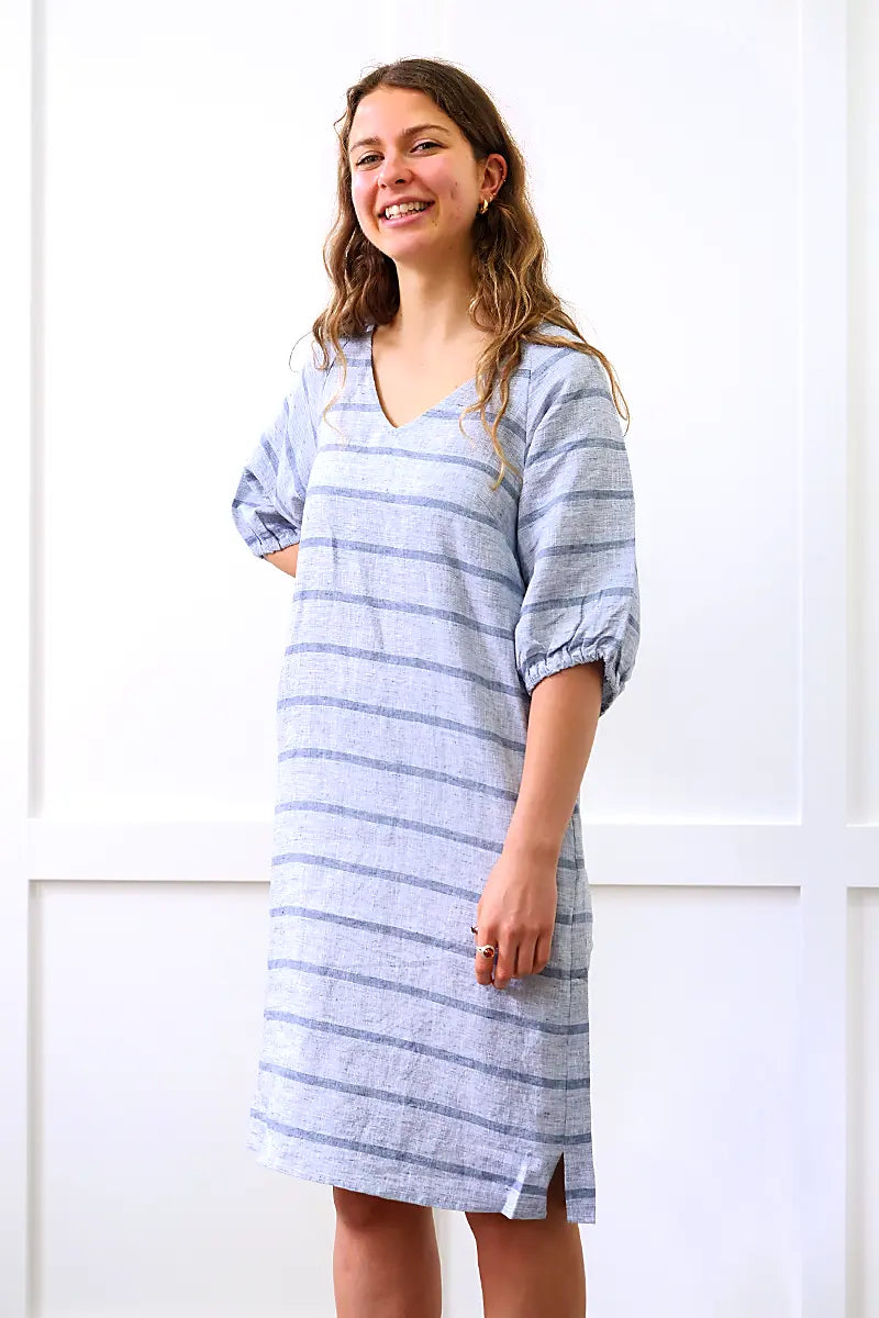 See Saw Linen 3/4 Sleeve V Neck Dress 3/4 view