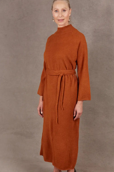 Front view of the Paarl Tie Knit Dress in Ochre by Eb & Ive with waist tie