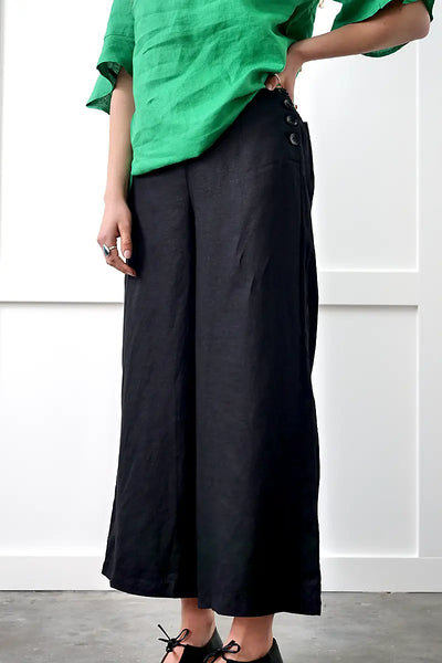 3/4 view of the See Saw Linen Palazzo Pant in Black
