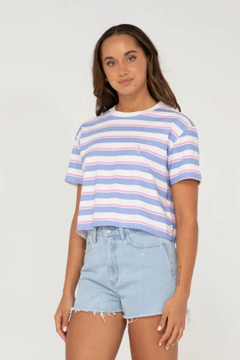 side view of the Rusty Girls Tee Camila Stripe in Periwinkle