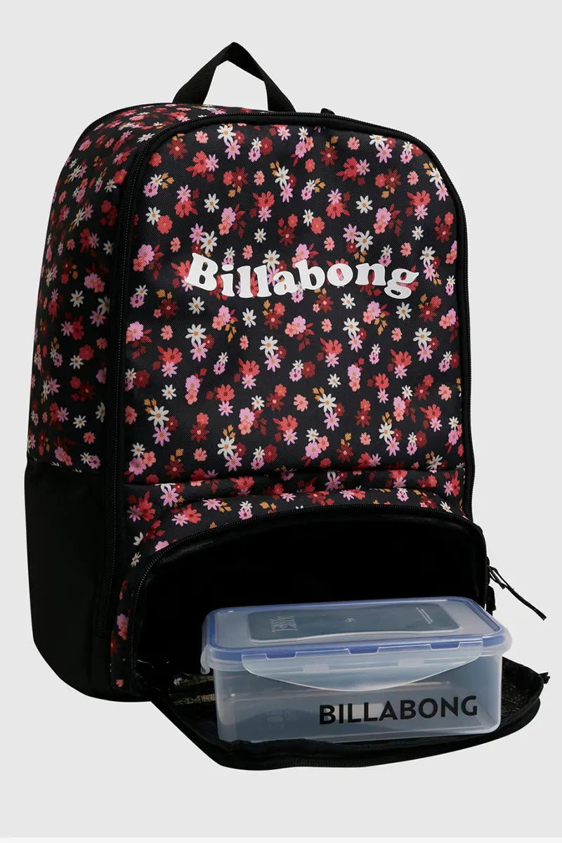 Billabong Girls Backpack Ditsy Dream in Black Pebble showing lunch box pocket