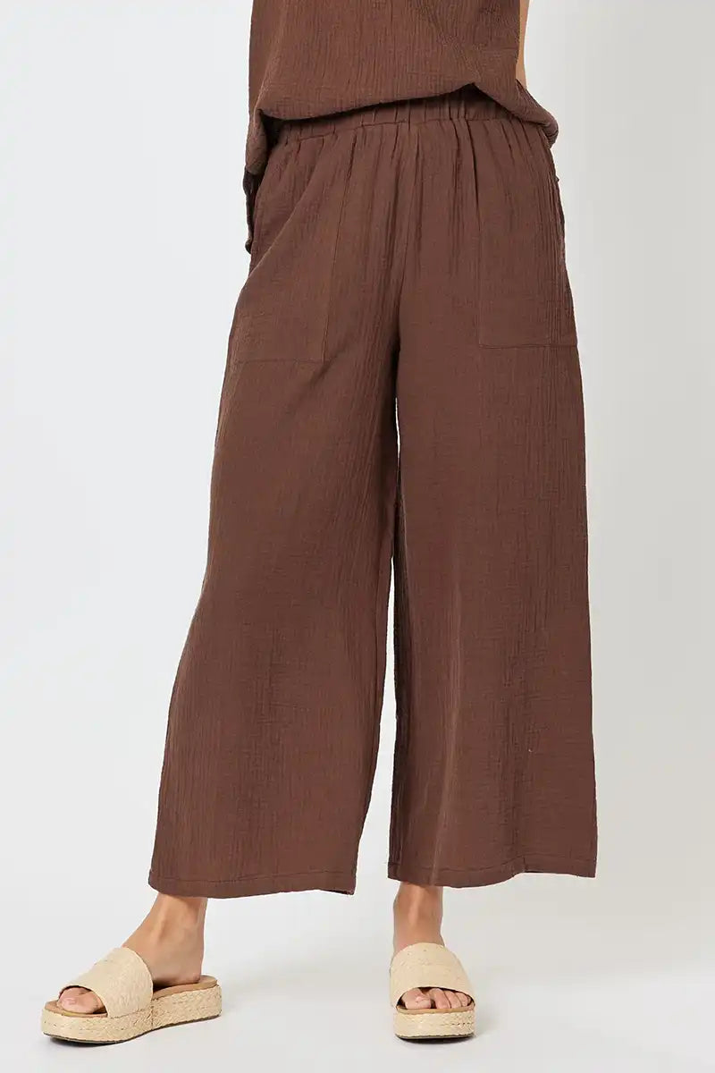 Byron Textured Cotton Wide Leg Pant - Chocolate