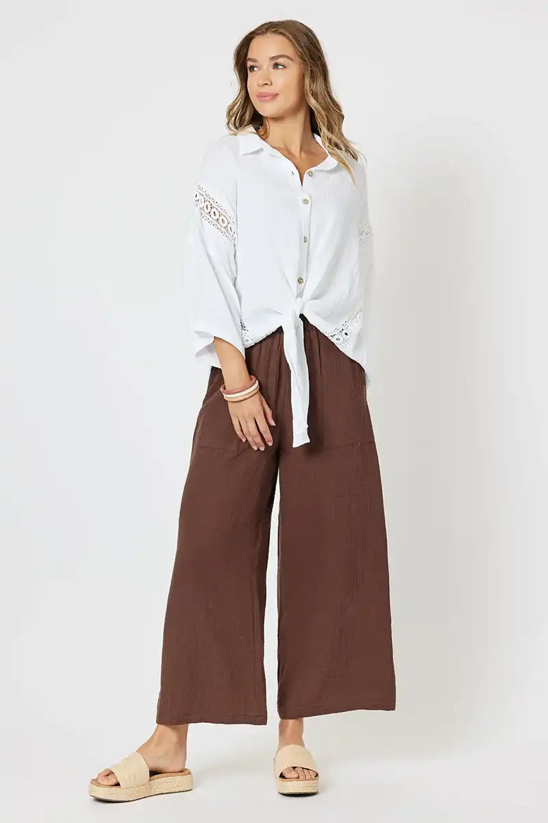 Byron Textured Cotton Wide Leg Pant - Chocolate