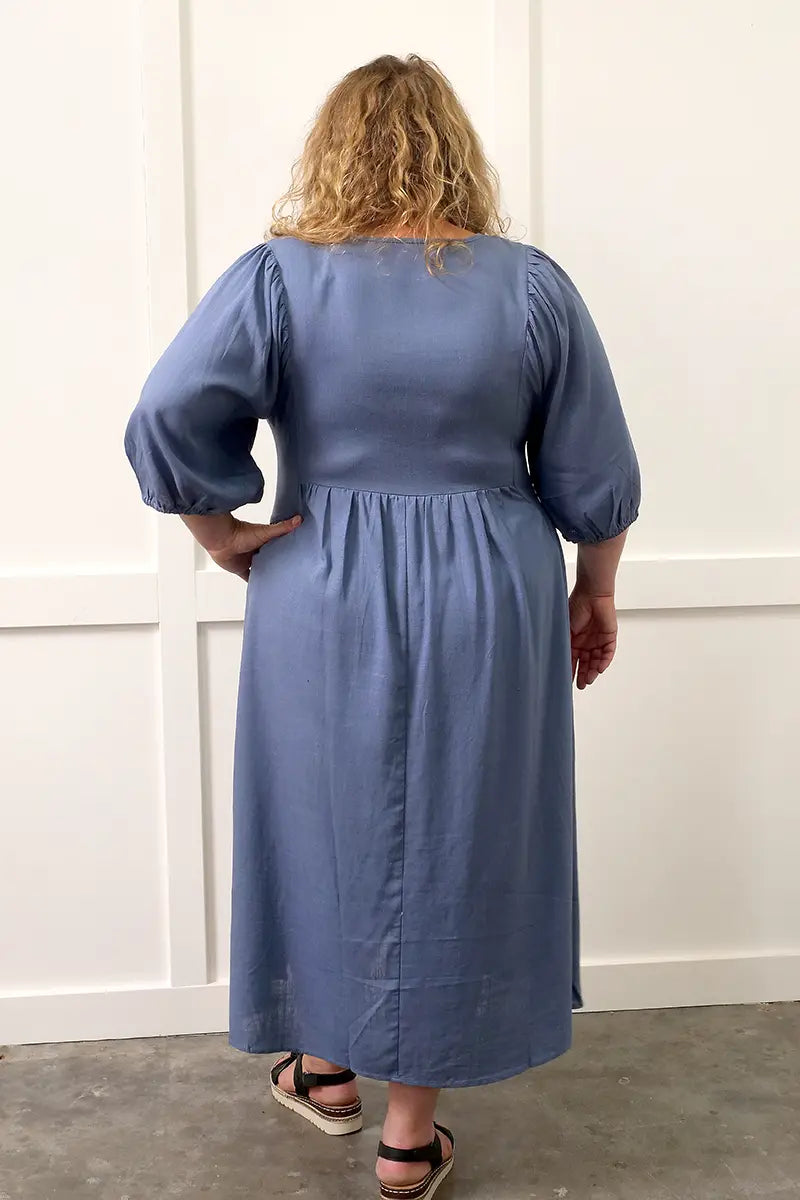 Annabelle Linen Blend Midi Dress in Blue back view