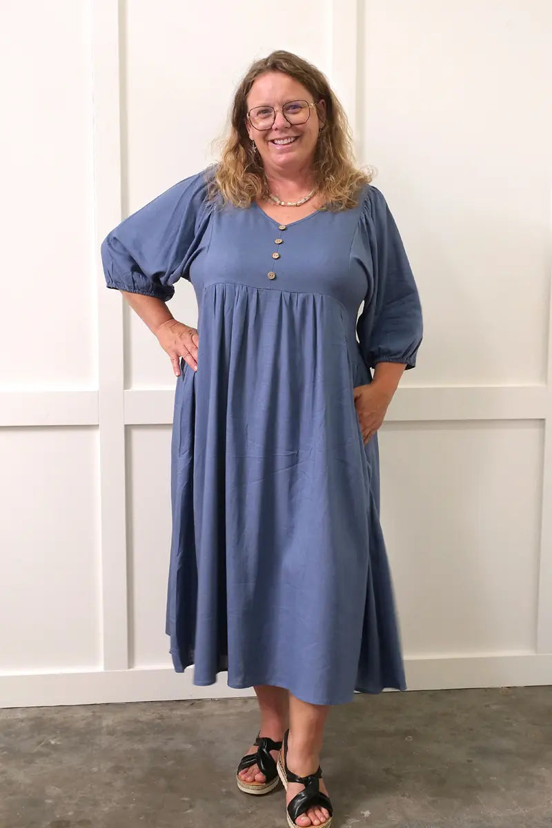 Annabelle Linen Blend Midi Dress in Blue