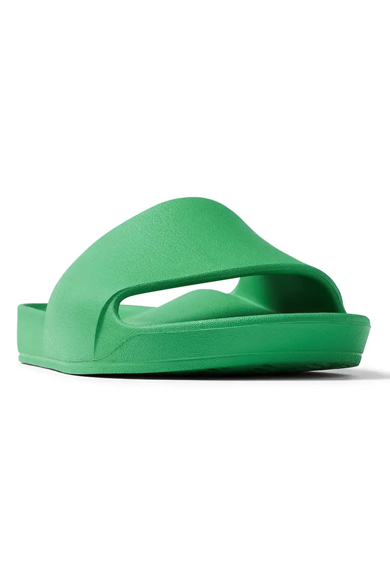 3/4 front view of the Archies Arch Support Slides in Kelly Green Limited Edition