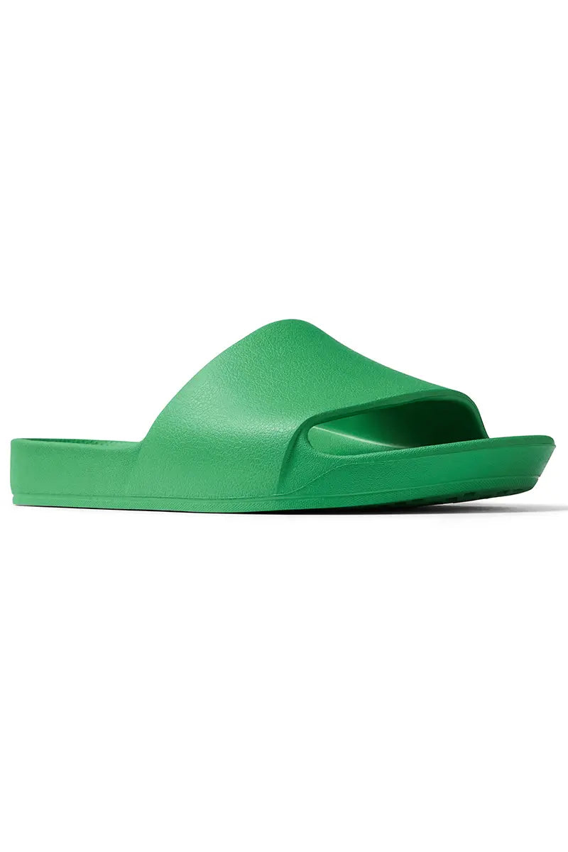 side view of the Archies Arch Support Slides in Kelly Green Limited Edition