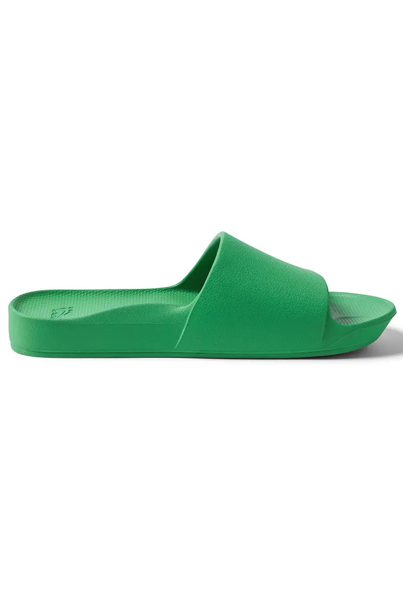 side 3/4 arial view of a Archies Arch Support Slides in Kelly Green Limited Edition