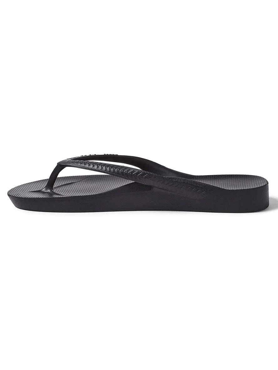 Side view of archies arch support thongs in black