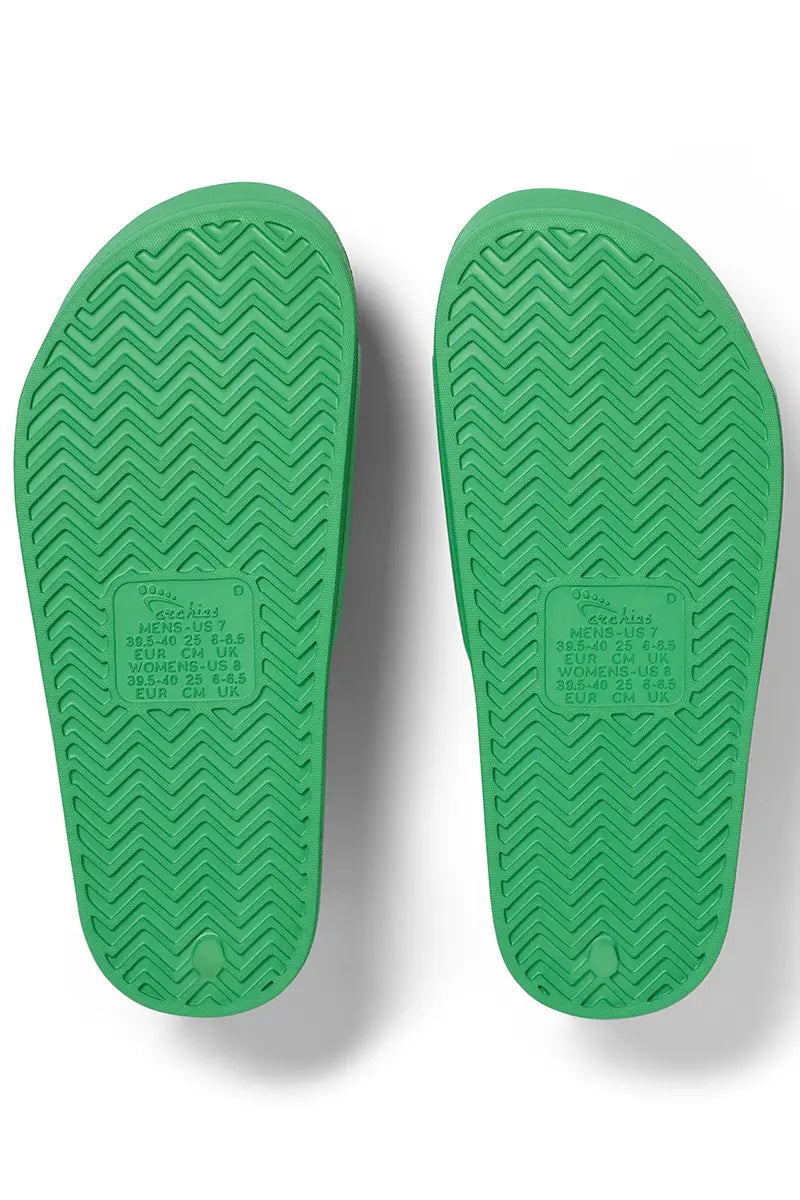 sole view of the Archies Arch Support Slides in Kelly Green Limited Edition