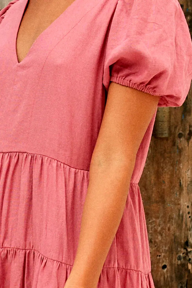 sleeve and neck detail on the Buddha Wear Bianca Mini Dress in Pink