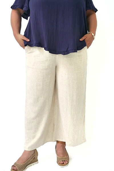 detailed front view of the  Belinda Wide Leg Linen Blend Pant in Natural