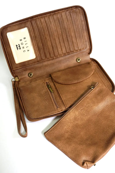inside view showing detachable purse Billabong Ladies Hibiscus Travel Wallet in Tan