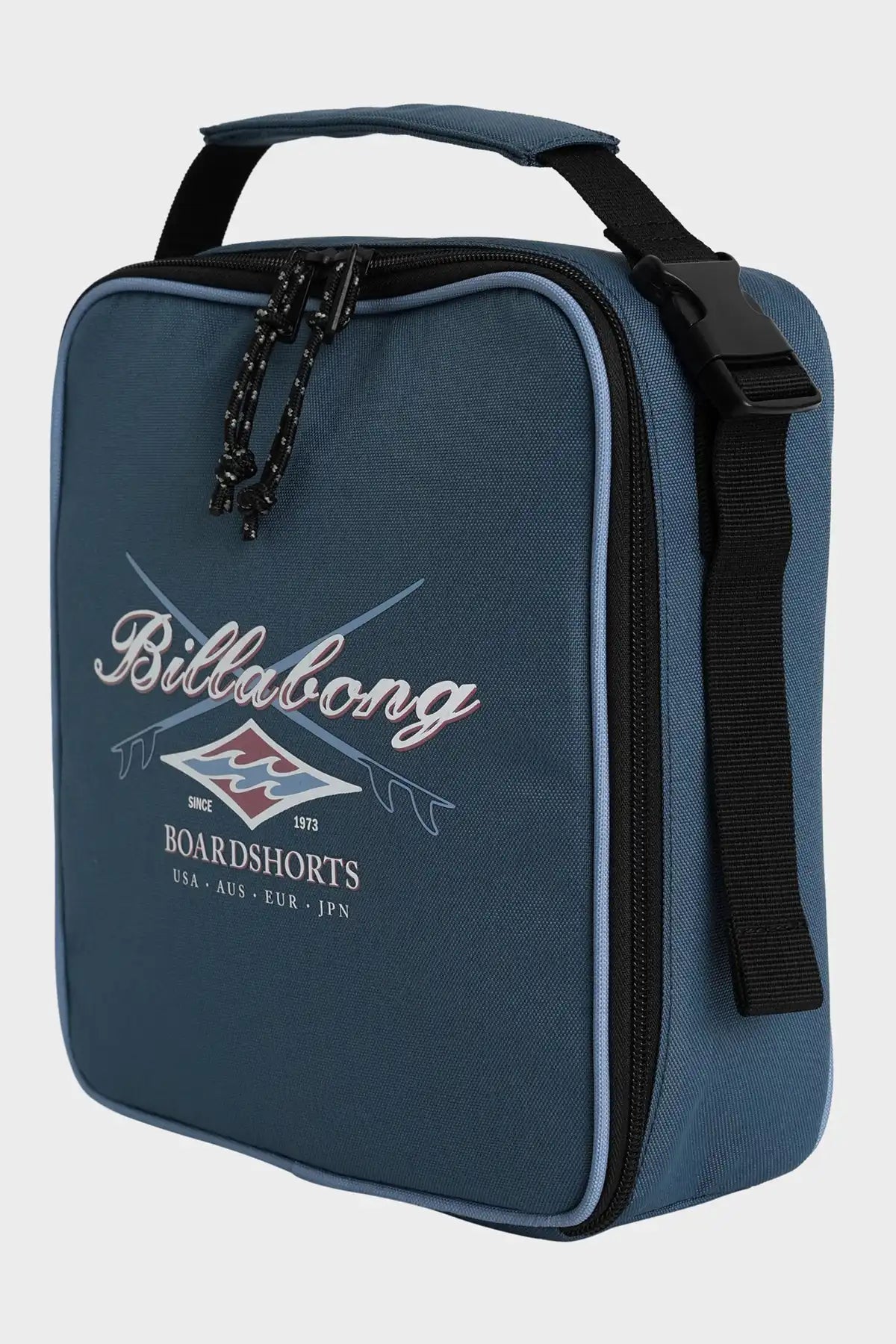 Blue lunchbox bag with Billabong logo on a light gray background
